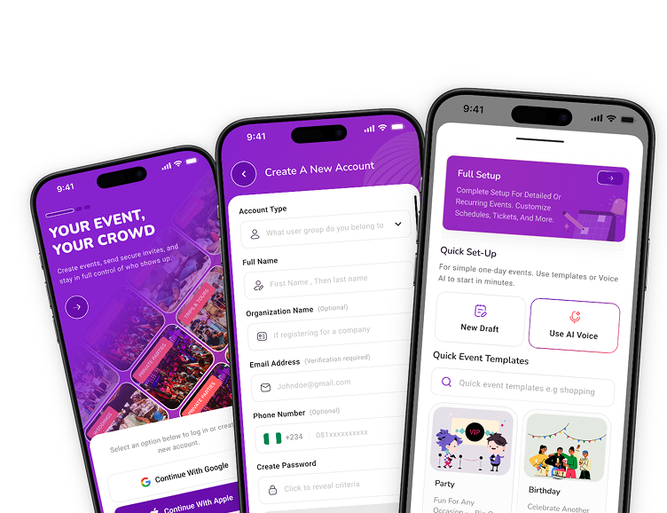 Three SecVite app screens showing event planning tools